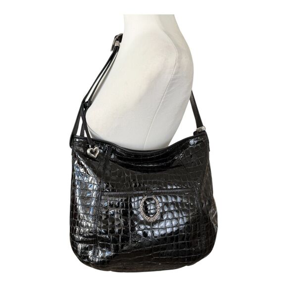 Brighton Classic Jane Black Patent Leather Croc Embossed Shoulder‎ Bag - Picture 1 of 16